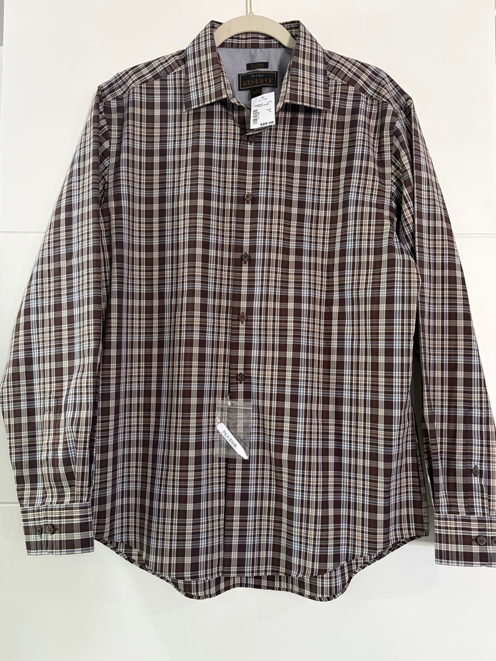 NWT Jos A Bank Reserve Plaid Long-Sleeve Button Down Shirt, Men’s Large Brown